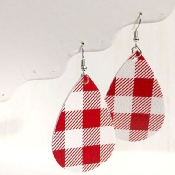 Checked Red White Plaid Leather Teardrop Pierced Earrings New - Picture 1 of 5